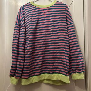 Striped Pink and Blue Sweatshirt with Green Accents